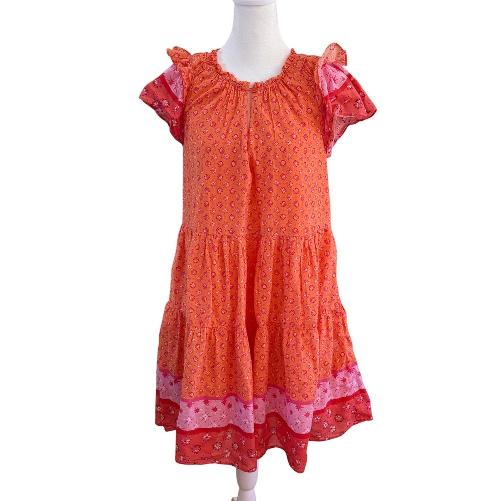 Hale Bob Los Angeles Orange Pink Floral Tiered Mini Dress Flutter Sleeve Womens